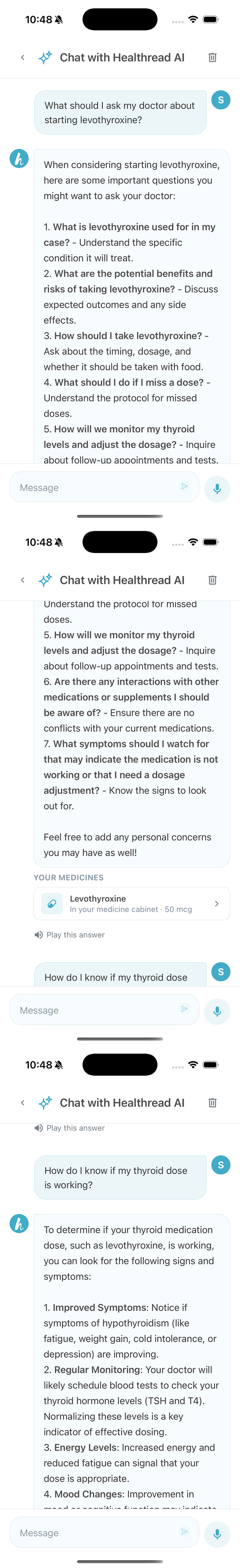 Three screens of a Healthread AI conversation about starting levothyroxine, including the answer linking to that medicine in your own cabinet